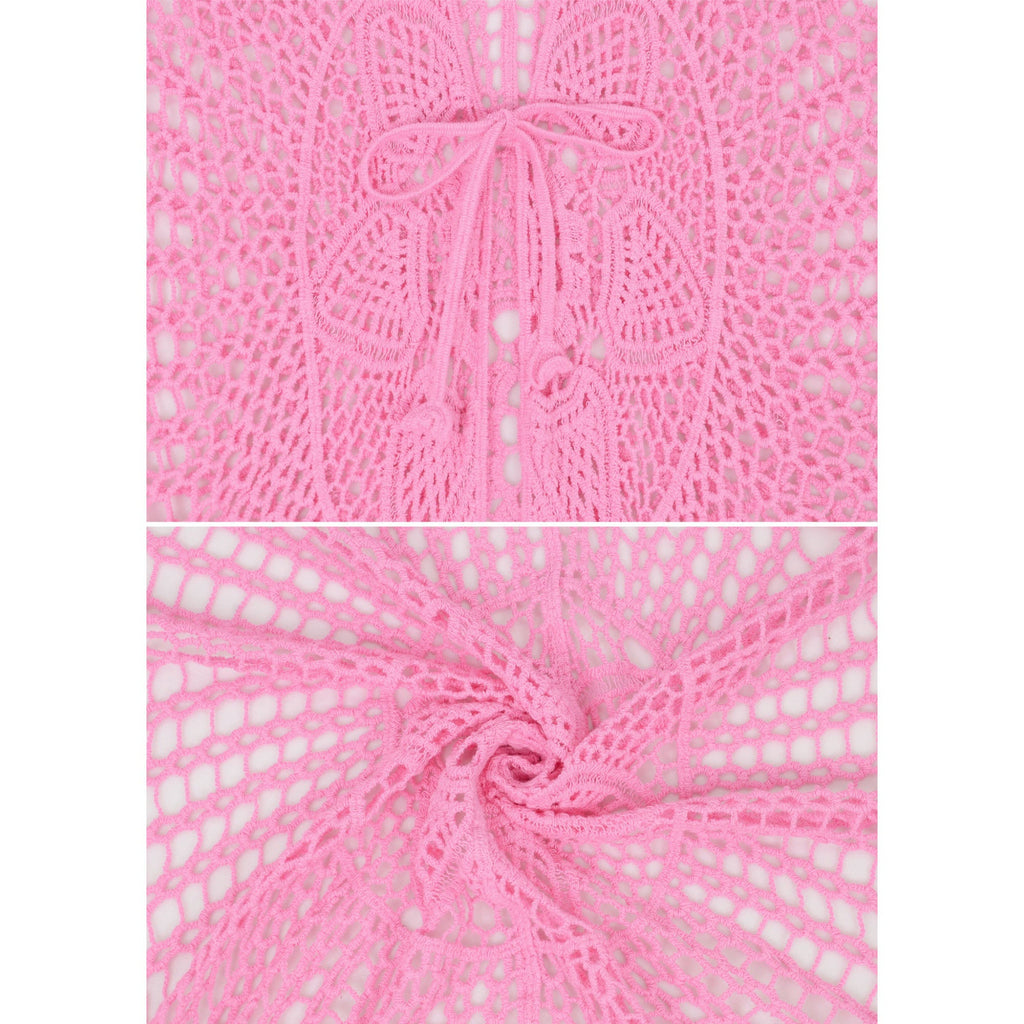 Open Front Crochet Cover-Up with Floral Pattern and Short Sleeves