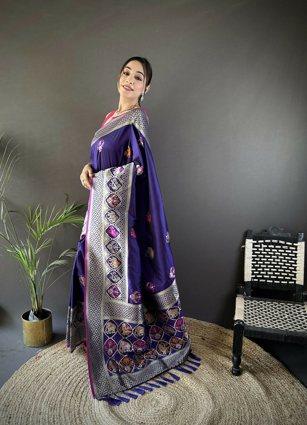 Royal Blue Banarasi Saree with Elephant and Floral Motifs