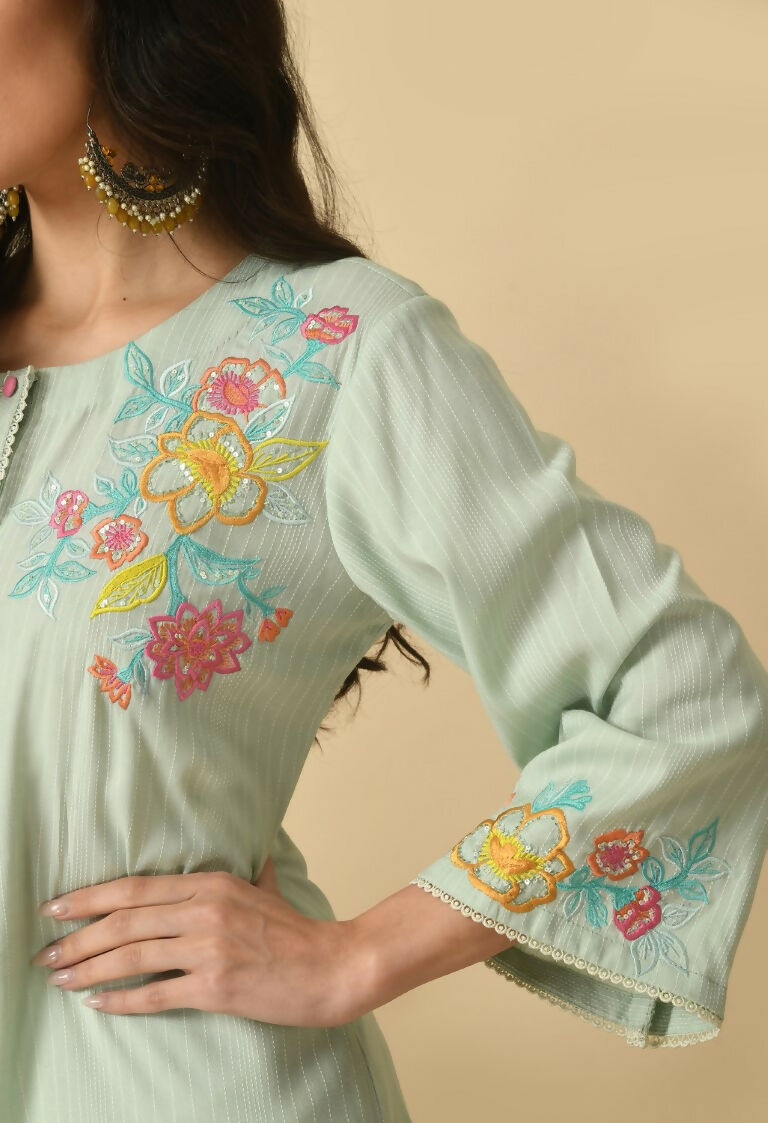 Light Green Cotton Rayon Kurta Set for Women - Ethnic Wear