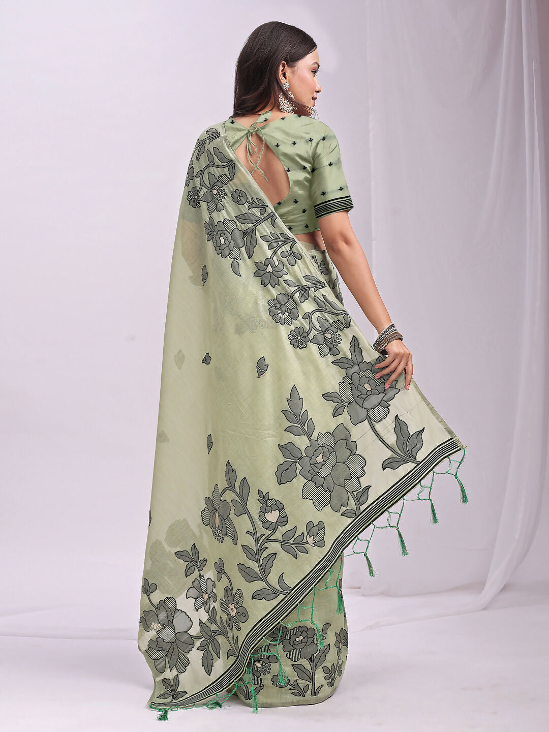 Kashira Light Green Linen Cotton Saree with Blouse Piece
