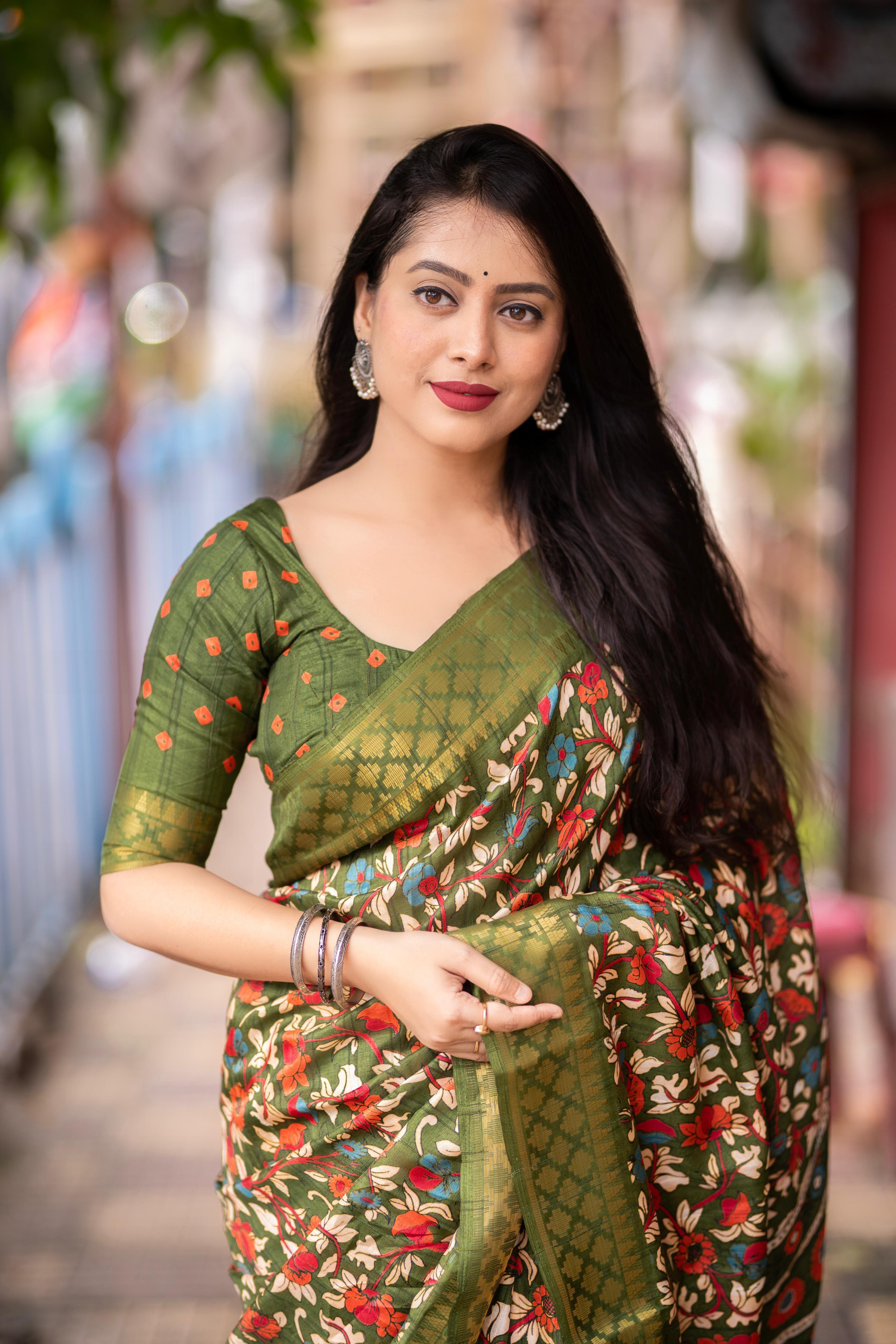 Mehndi Slub Silk Kalamkari Saree with Floral Print & Zari Border