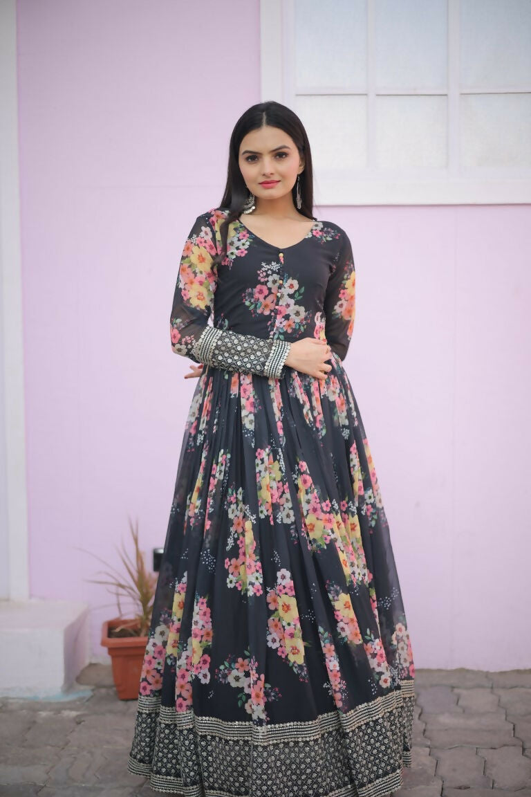 Women's Black Floral Sequence Zari Embroidered Anarkali Dress
