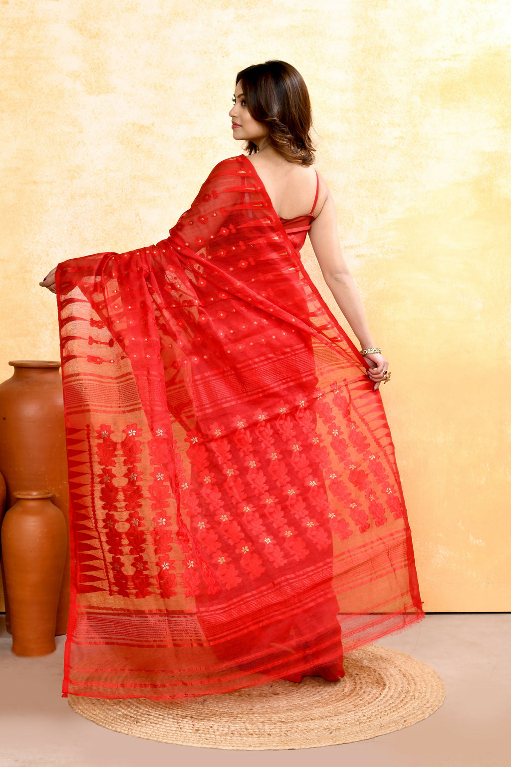 Red Embellished Jamdani Saree in Cotton Blend