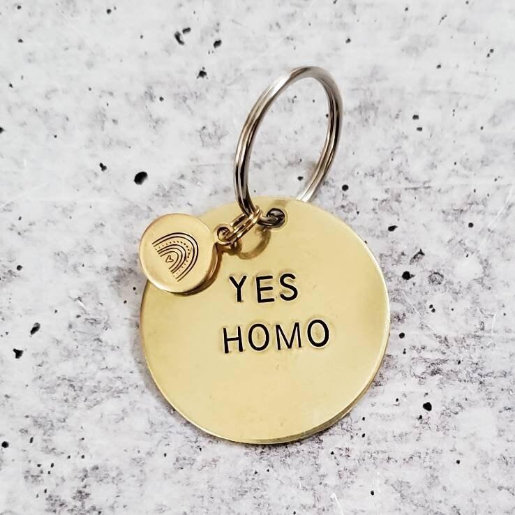 YES HOMO Brass Keychain with Rainbow Tag Pride Accessory