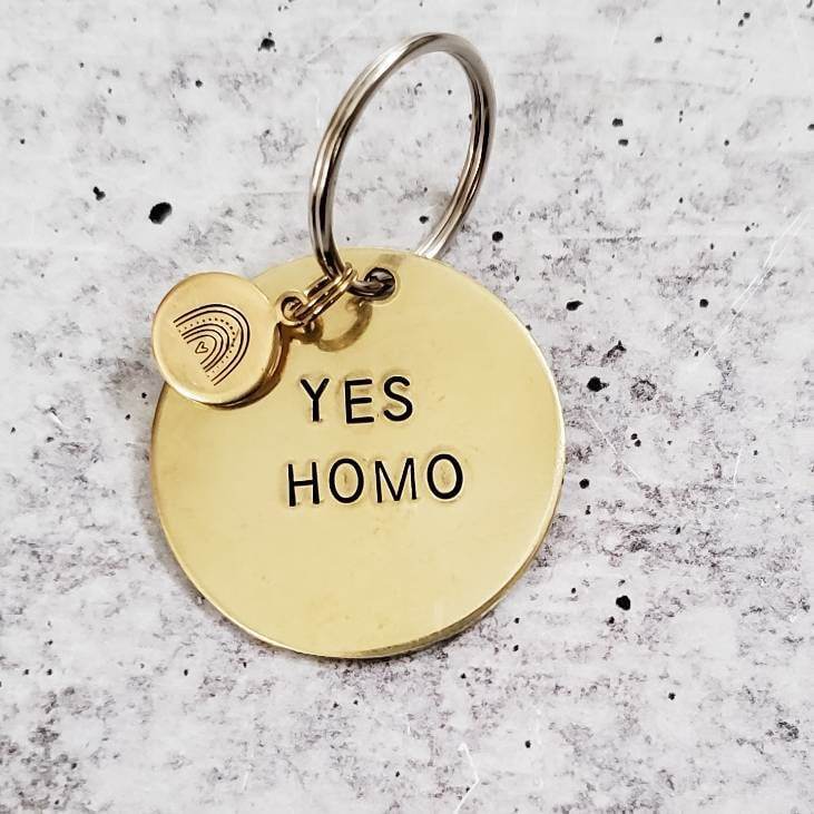 YES HOMO Brass Keychain with Rainbow Tag Pride Accessory