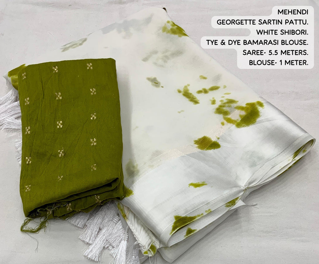 Mehndi Green and White Tie-Dye Shibori Georgette Saree