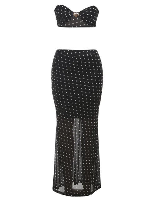 Women's Black Sheath Mesh Dots Two-piece Set (Top and Skirt)