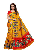 Yellow Khadi Silk Saree featuring Kalamkari print and jhalar border with a red blouse piece