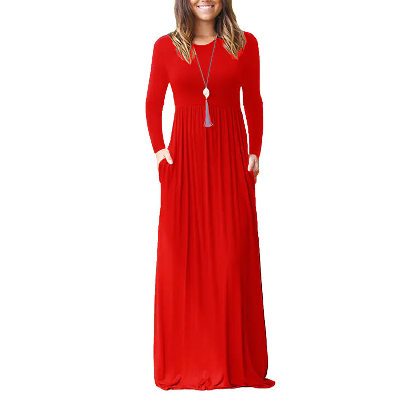 Women's Long Sleeve Maxi Dress with Elastic Waist and Pockets