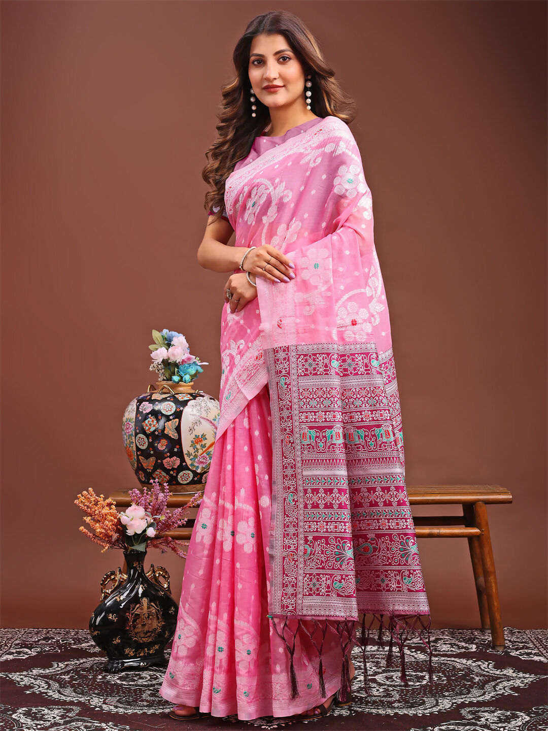 Pink Linen Cotton Saree - Comfortable Ethnic Wear