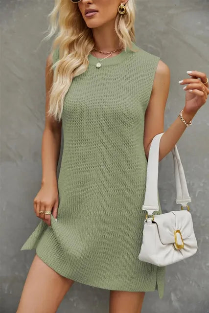 Women's Round Neck Sleeveless Knit Mini Dress with Side Slit - Image 15