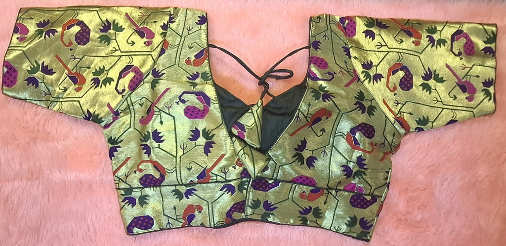 Bottle Green Jacquard Paithani Blouse with Semi Sweetheart Neck