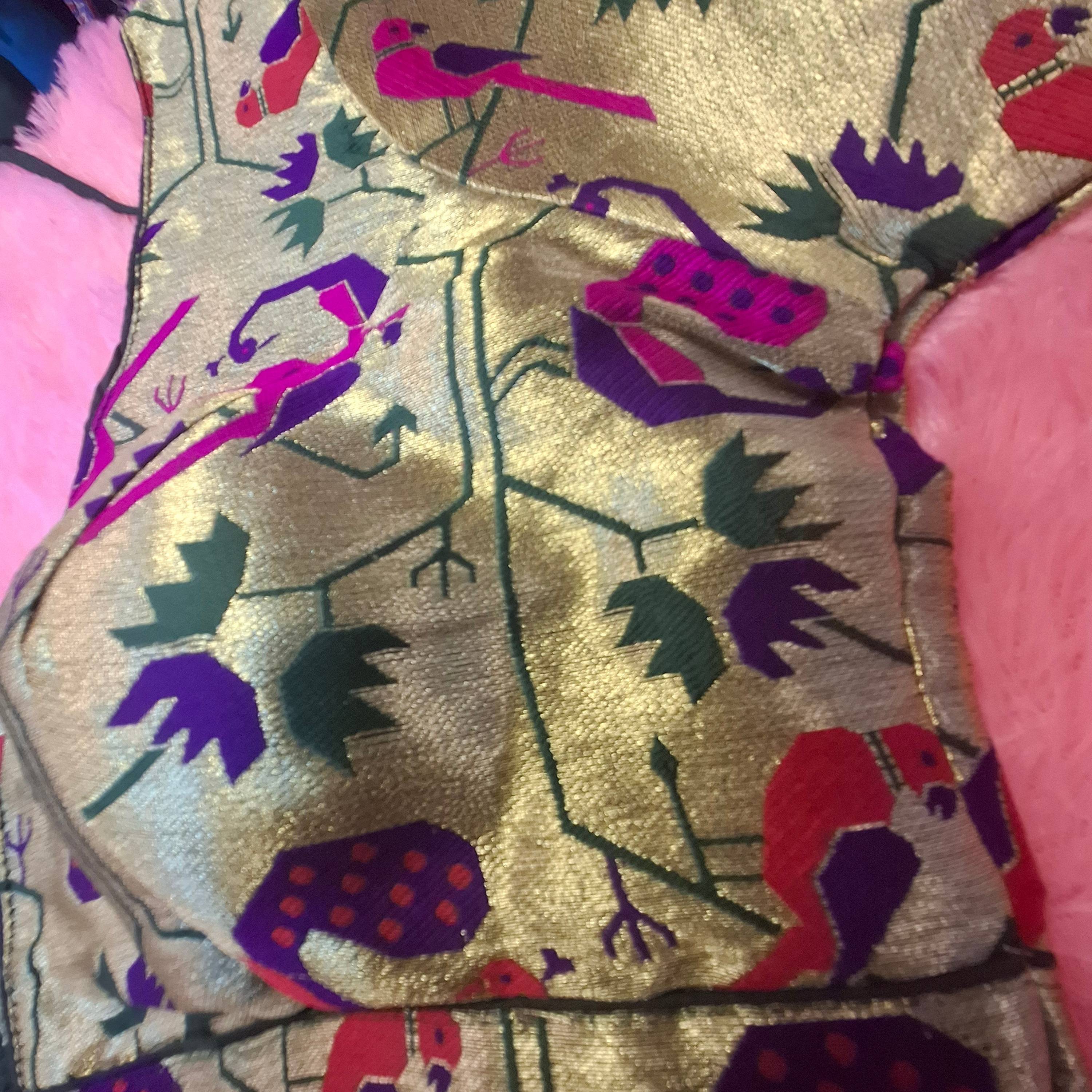 Bottle Green Jacquard Paithani Blouse with Semi Sweetheart Neck