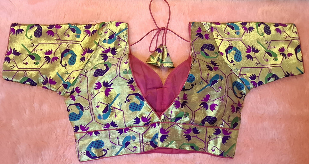 Magenta Jacquard Paithani weave readymade blouse with semi-sweetheart neckline