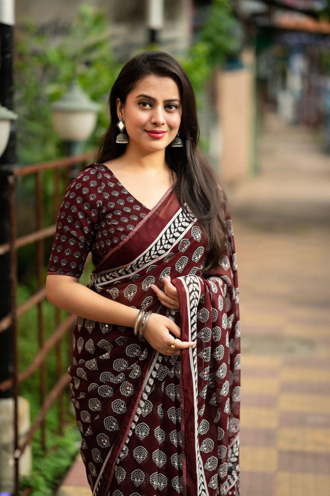 Maroon Poly Georgette Ajrak Saree with Aari Mirror Work