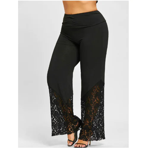 Women's Casual Wide Leg Pants with Lace Hem Detail - Image 2