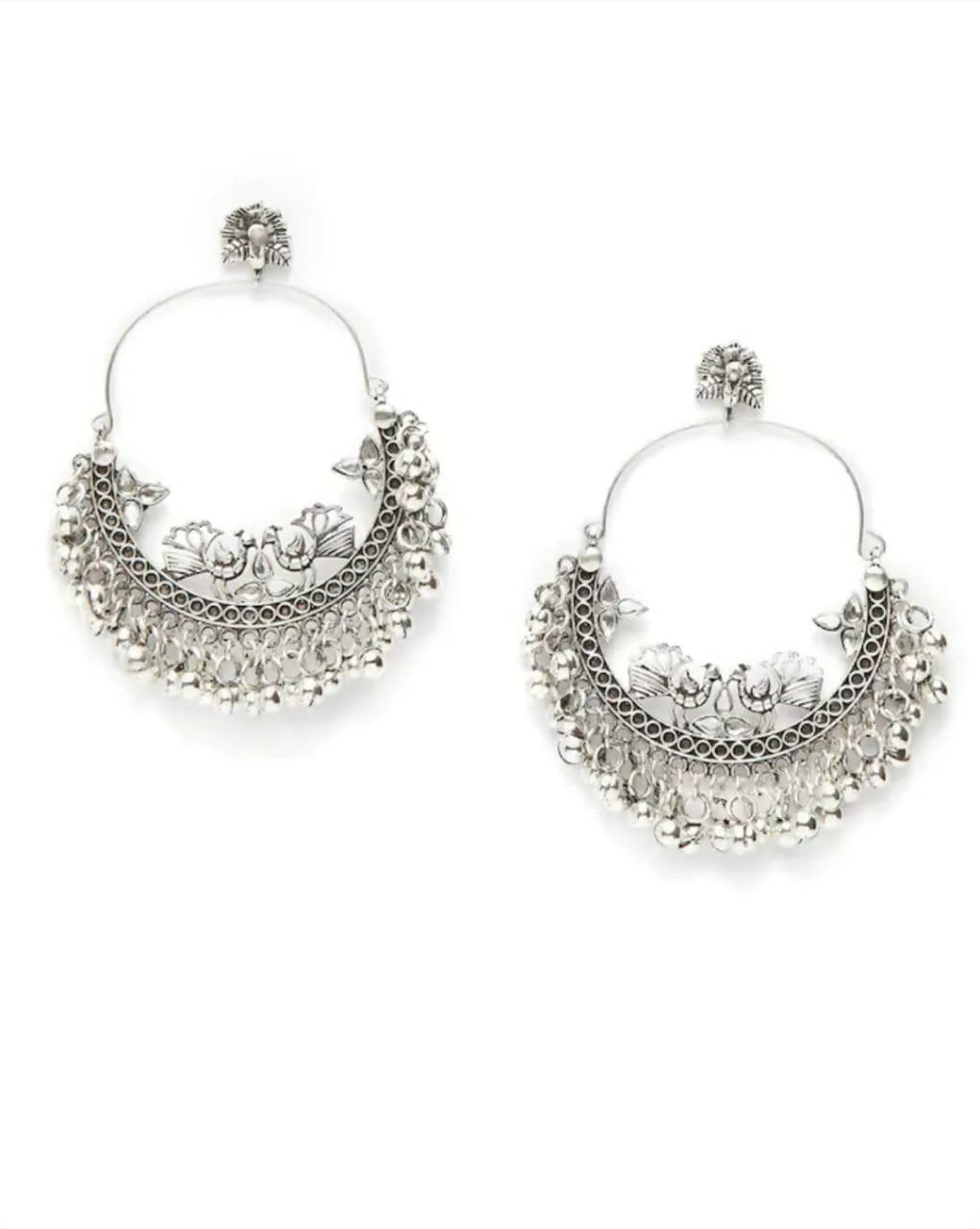 Silver-plated peacock design Chandbali earrings for ethnic wear