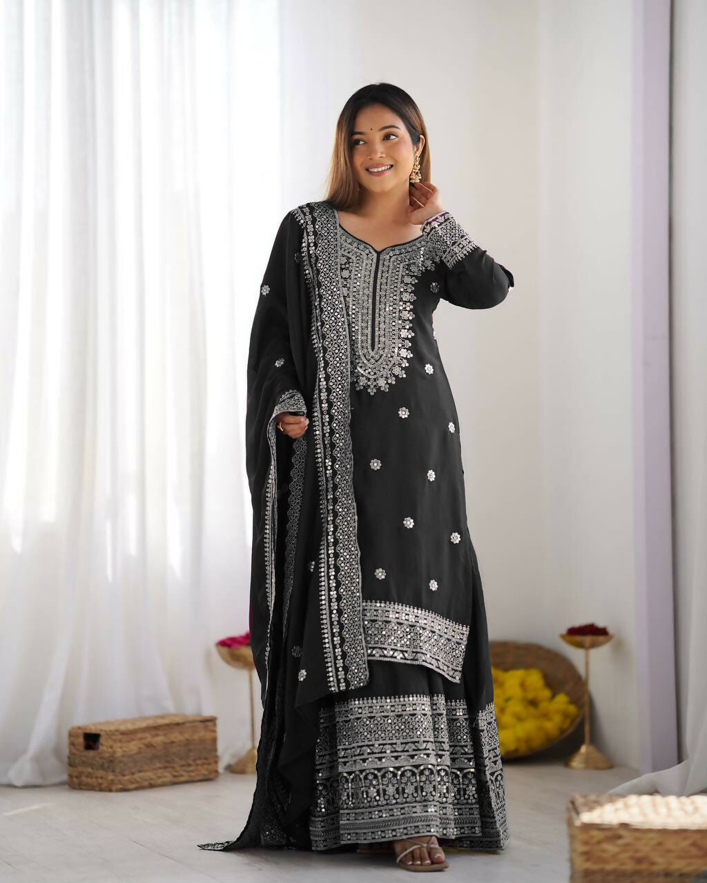 Black Silk Kurta Set with Sequins, Zari, and Thread Embroidery