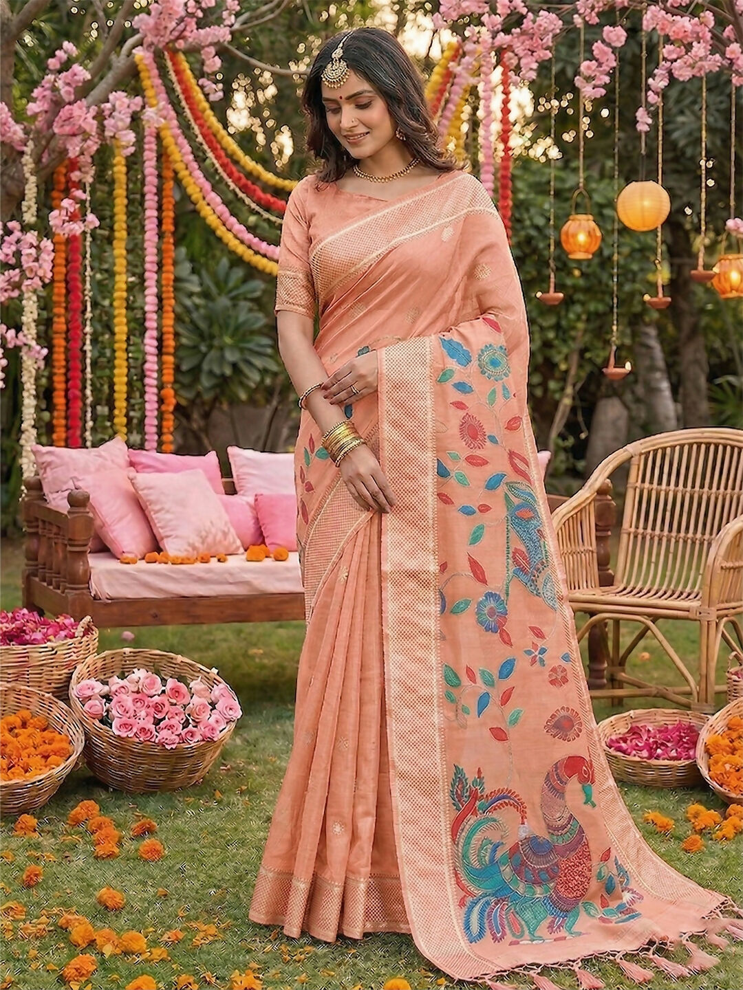 Peach Linen Cotton Saree with Matching Blouse Piece