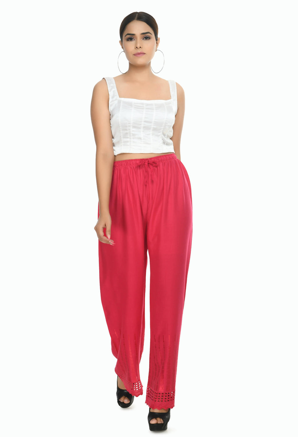 Magenta Cut Work Palazzo Pants in Rayon Cotton Blend