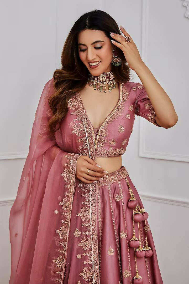 Onion Japan Satin Silk Embroidered Lehenga Choli Set with Sequins