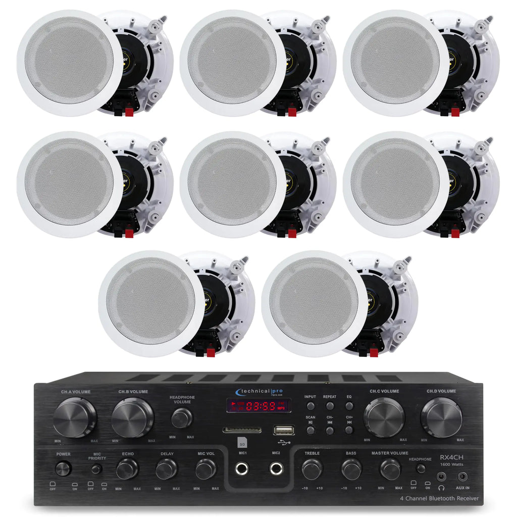 Home Theater System Kit with 1000 Watts 4-Chanel Bluetooth Receiver & 8 Qty 6.5" 200 Watts in-Wall in-Ceiling Speakers of 2-Way Stereo Sound with Woofer/Tweeter Flush Design by Technical Pro