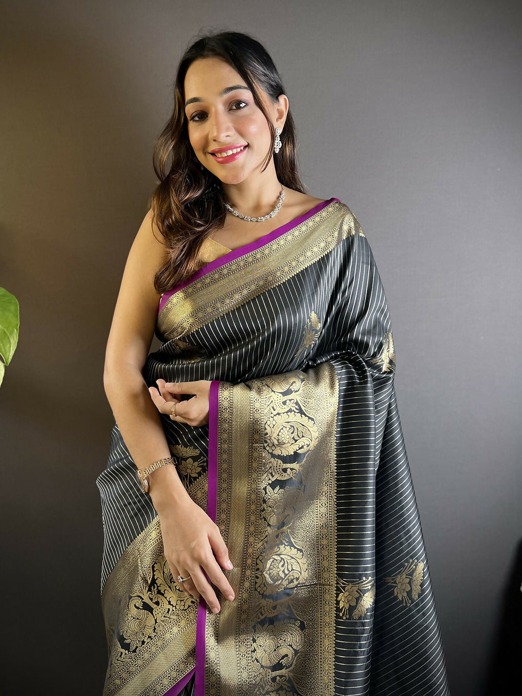 Black Striped Floral Soft Silk Leheriya Saree with Unstitched Blouse