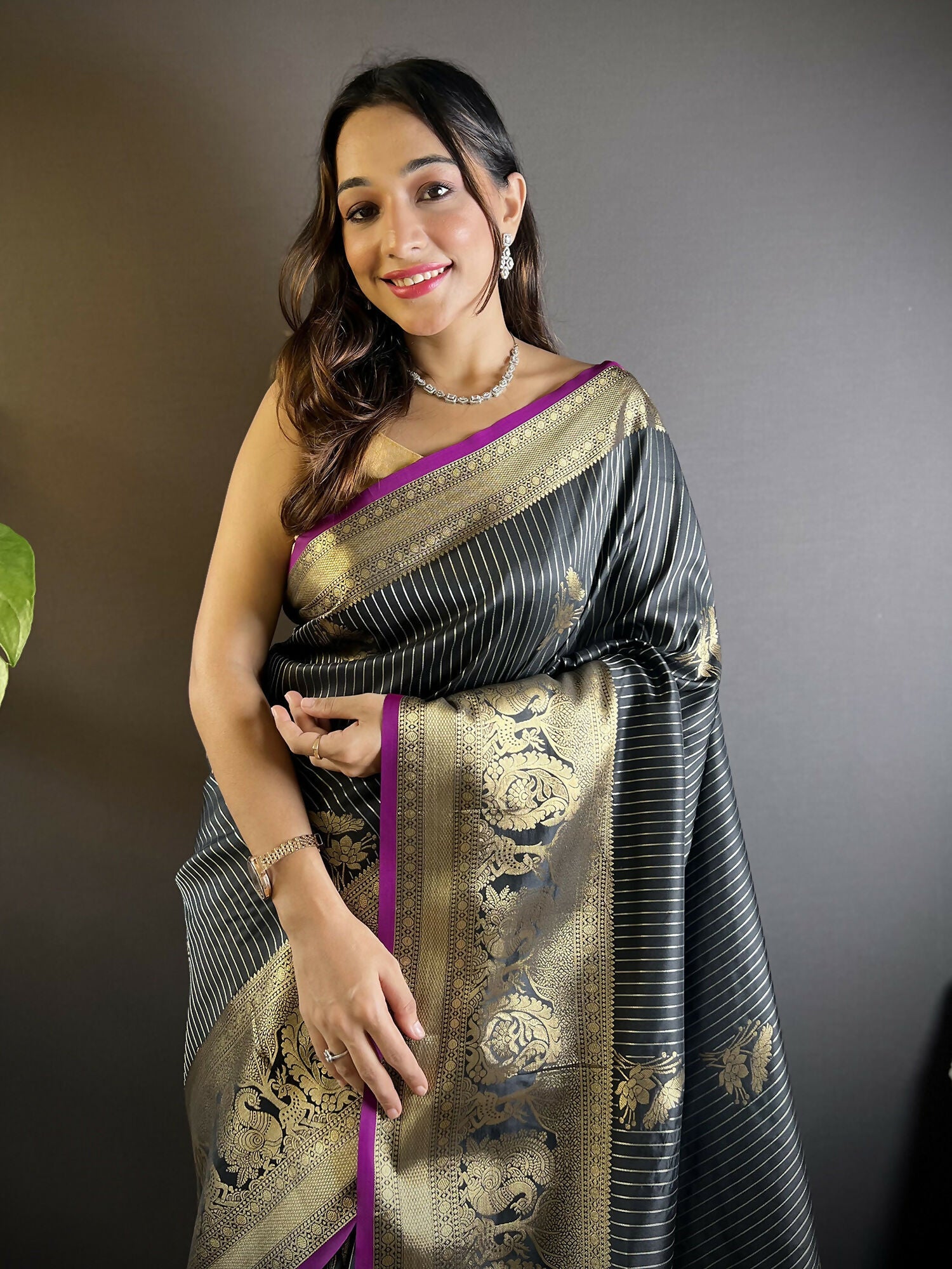 Black Striped Floral Soft Silk Leheriya Saree with Unstitched Blouse