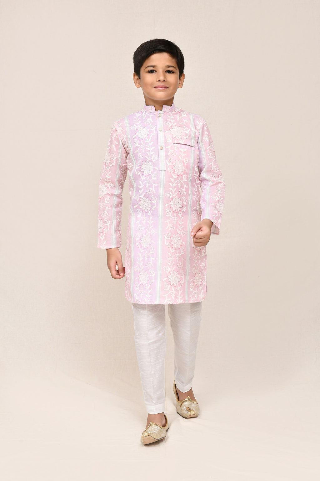 Cotton Pink & Light Purple Kurta Set with Straight Fit Pant