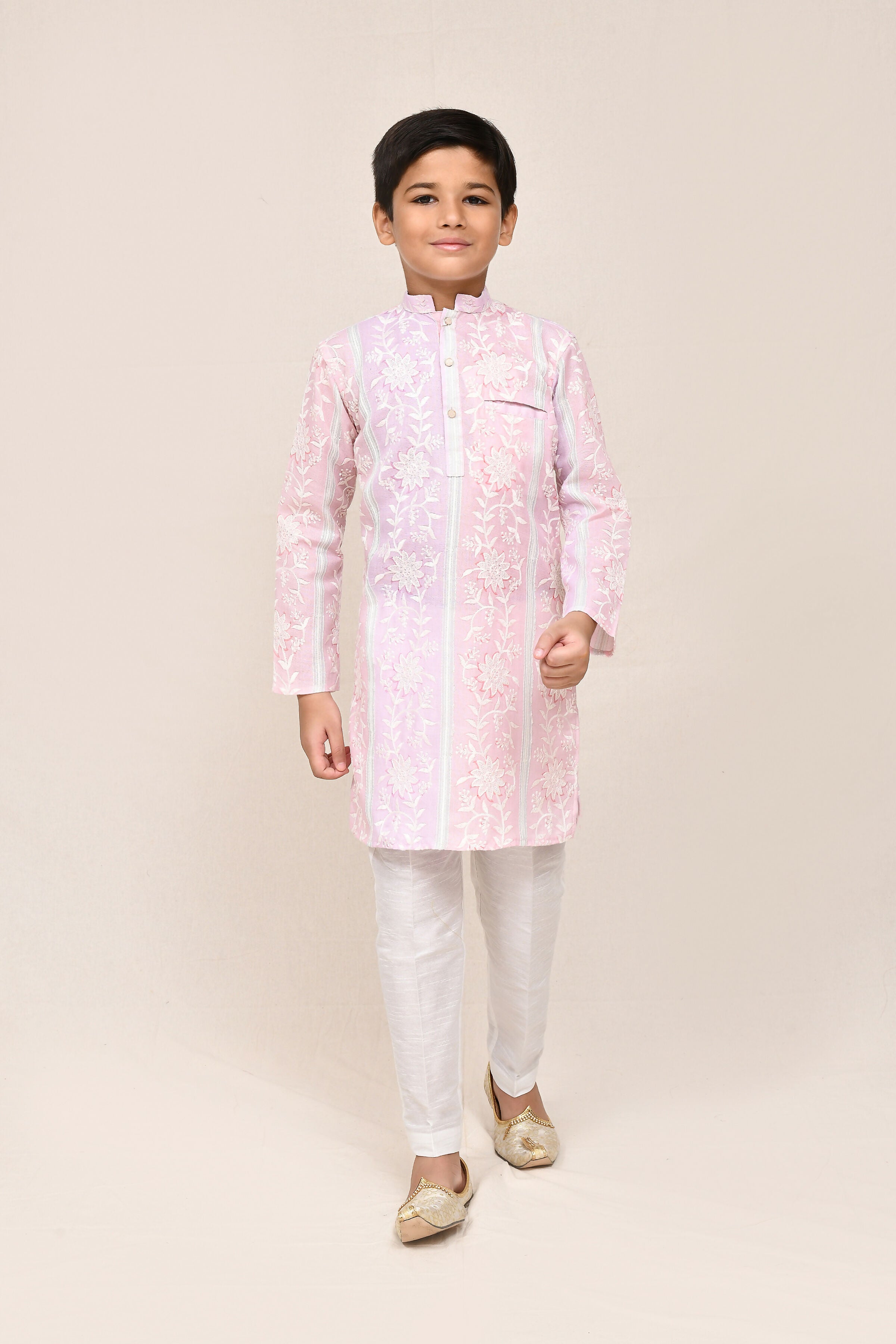 Cotton Pink & Light Purple Kurta Set with Straight Fit Pant
