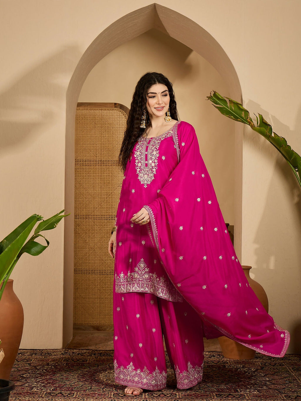 Pink Chinon Silk Kurta Set with Embroidery - Ethnic Festive Wear