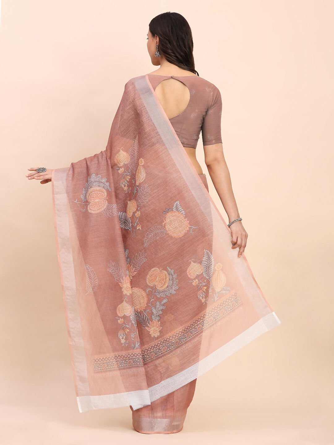 Brown Linen Cotton Saree for Women with Matching Blouse Fabric