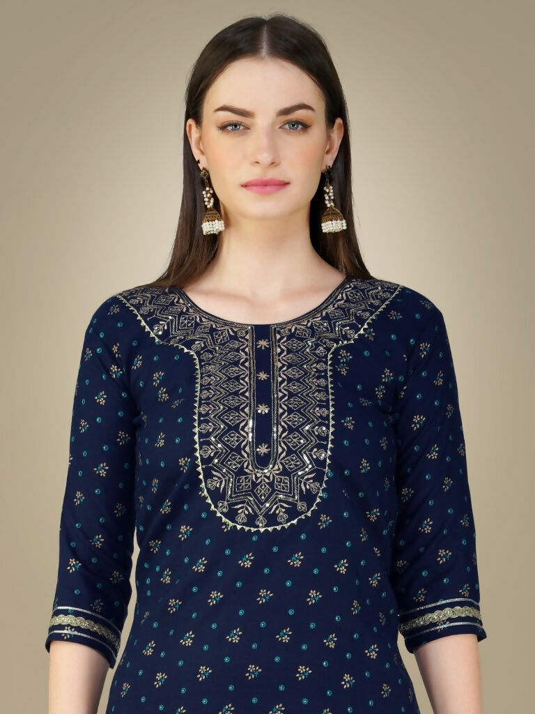 Women's Navy Blue Cotton Magic Slub Kurta Set with Sequence