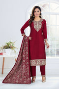 Sophisticated maroon silk 3-piece kurta set with cotton lining and matching dupatta.