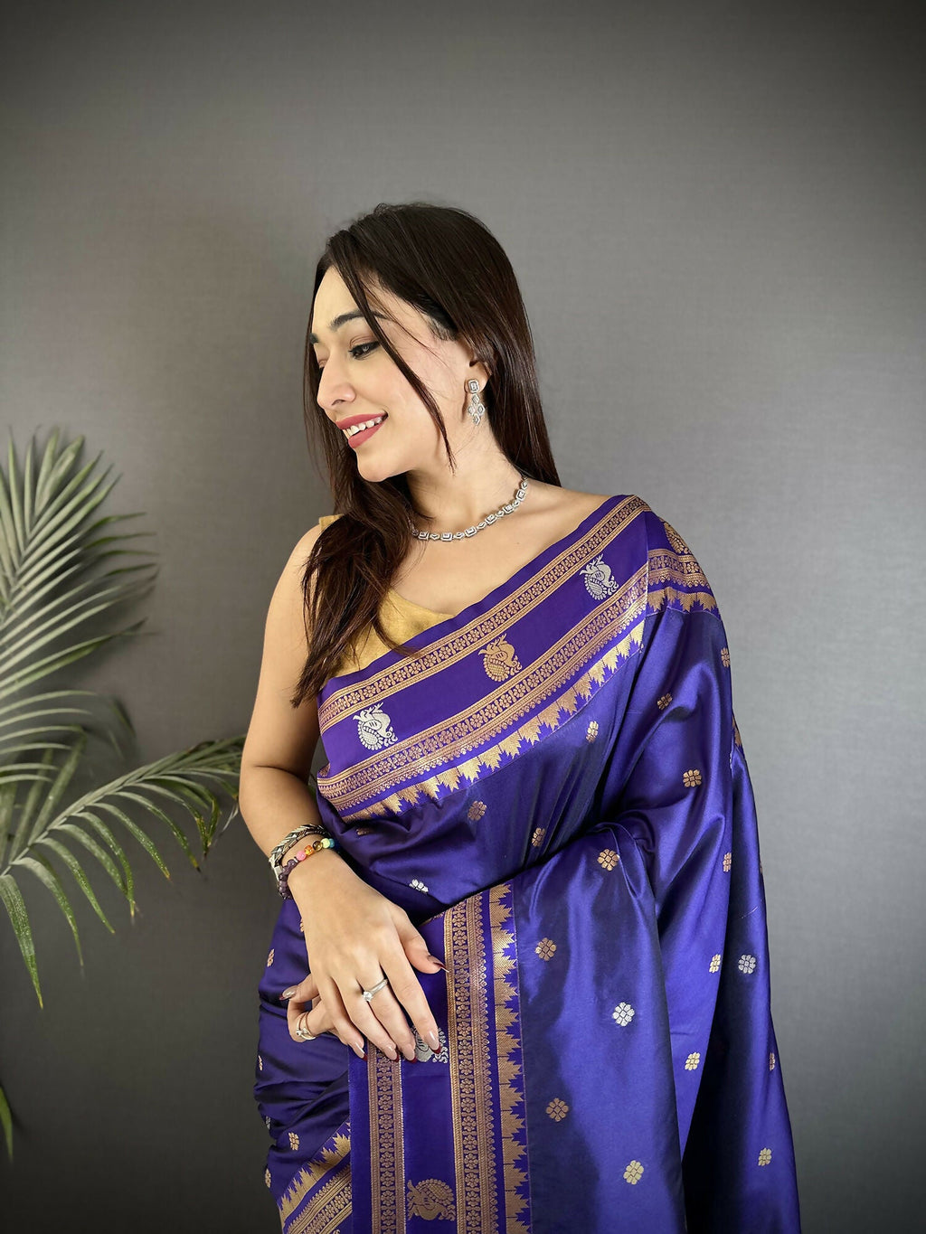 Navy Blue Banarasi Soft Silk Woven Saree with Matching Blouse