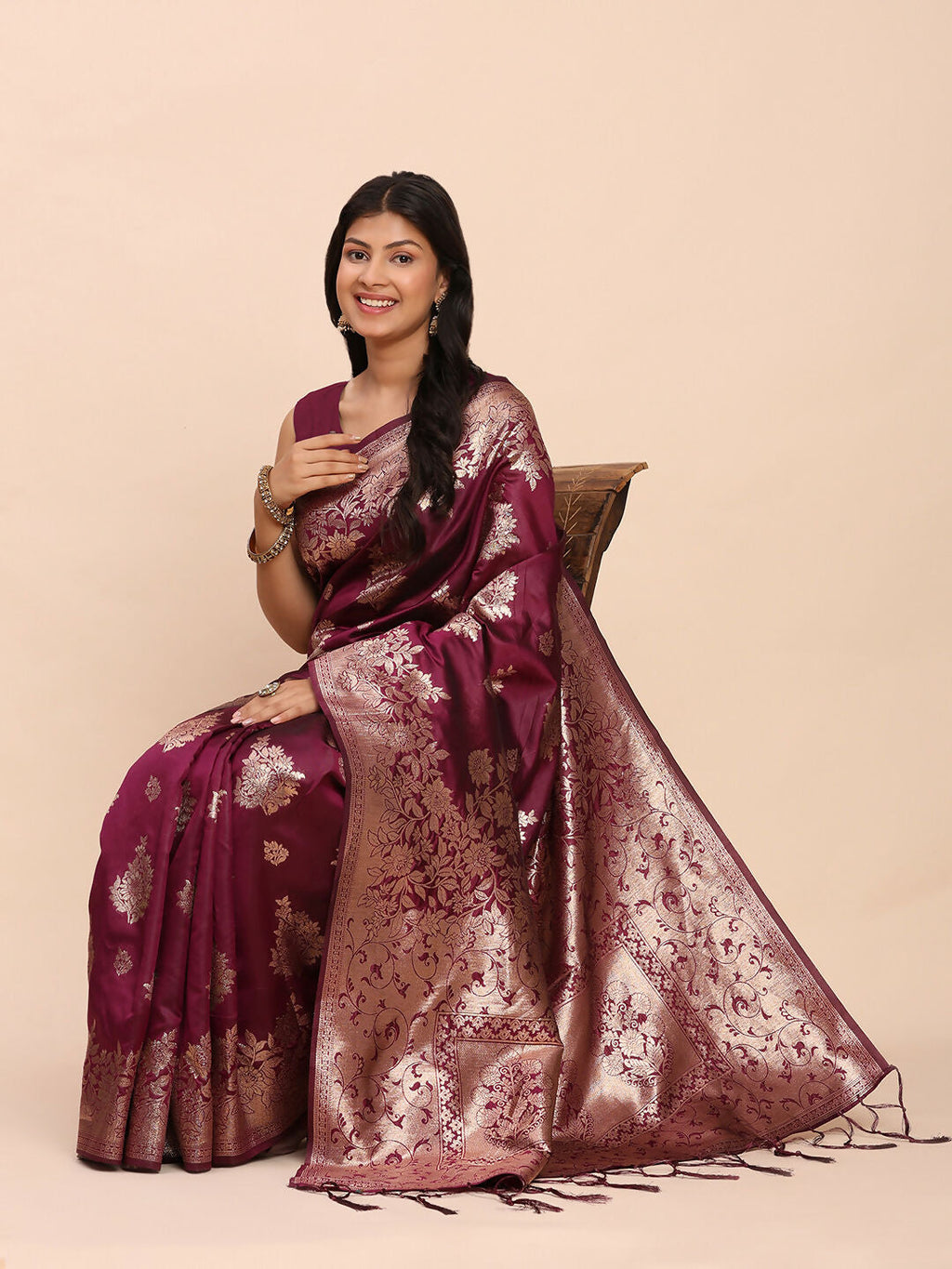 Purple Banarasi Silk Saree with Matching Blouse Piece