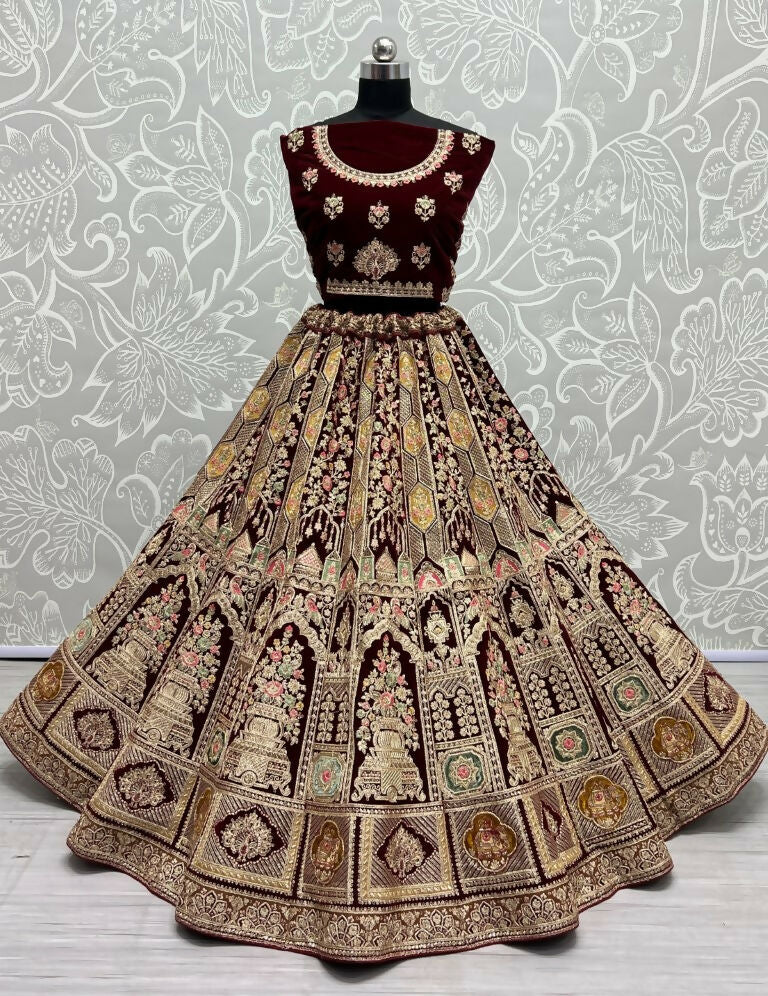 Maroon Velvet Embroidered Wedding Lehenga Choli with Diamond Work