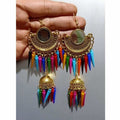 Gold tone jhumka earrings with hanging multicolor metal drops
