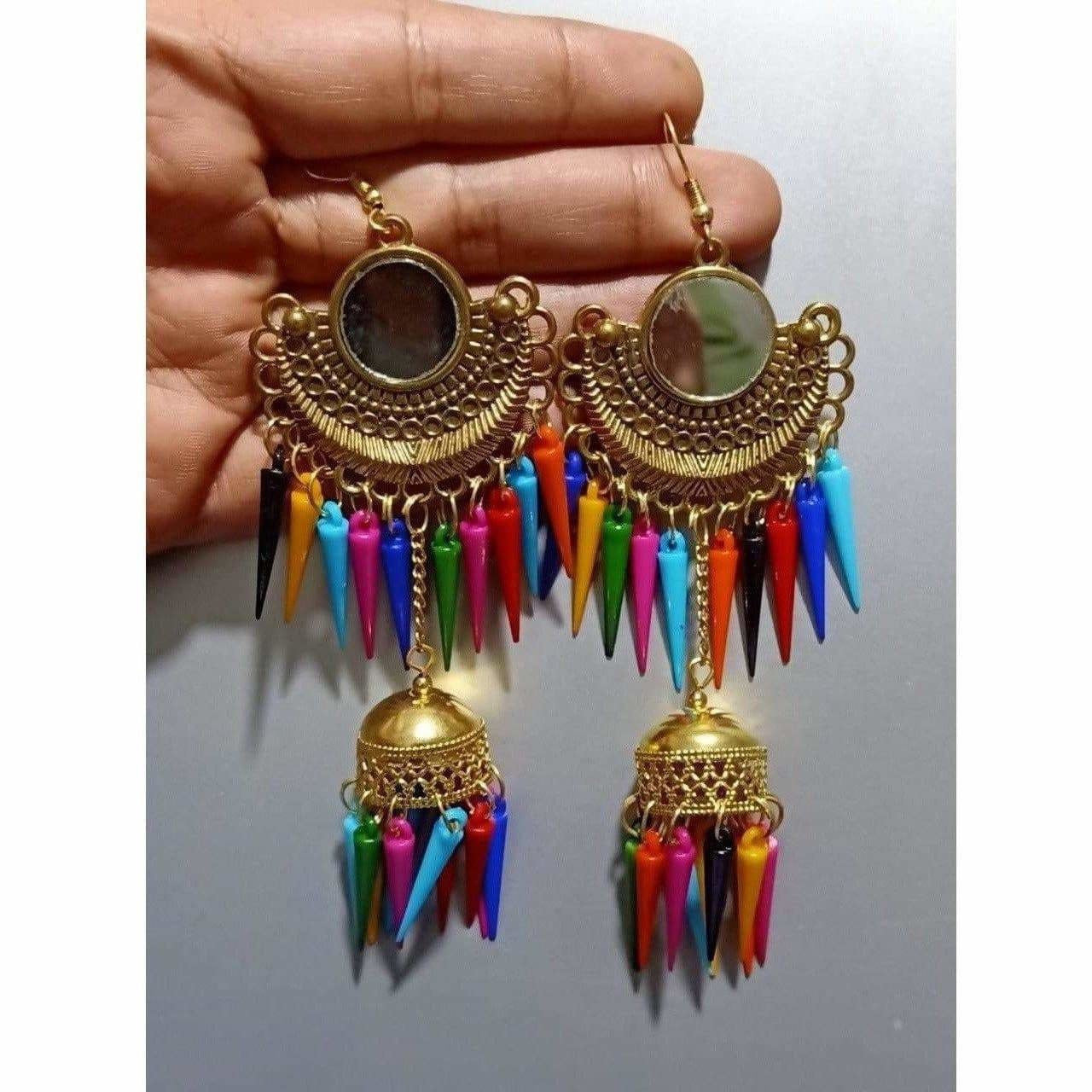 Gold tone jhumka earrings with hanging multicolor metal drops