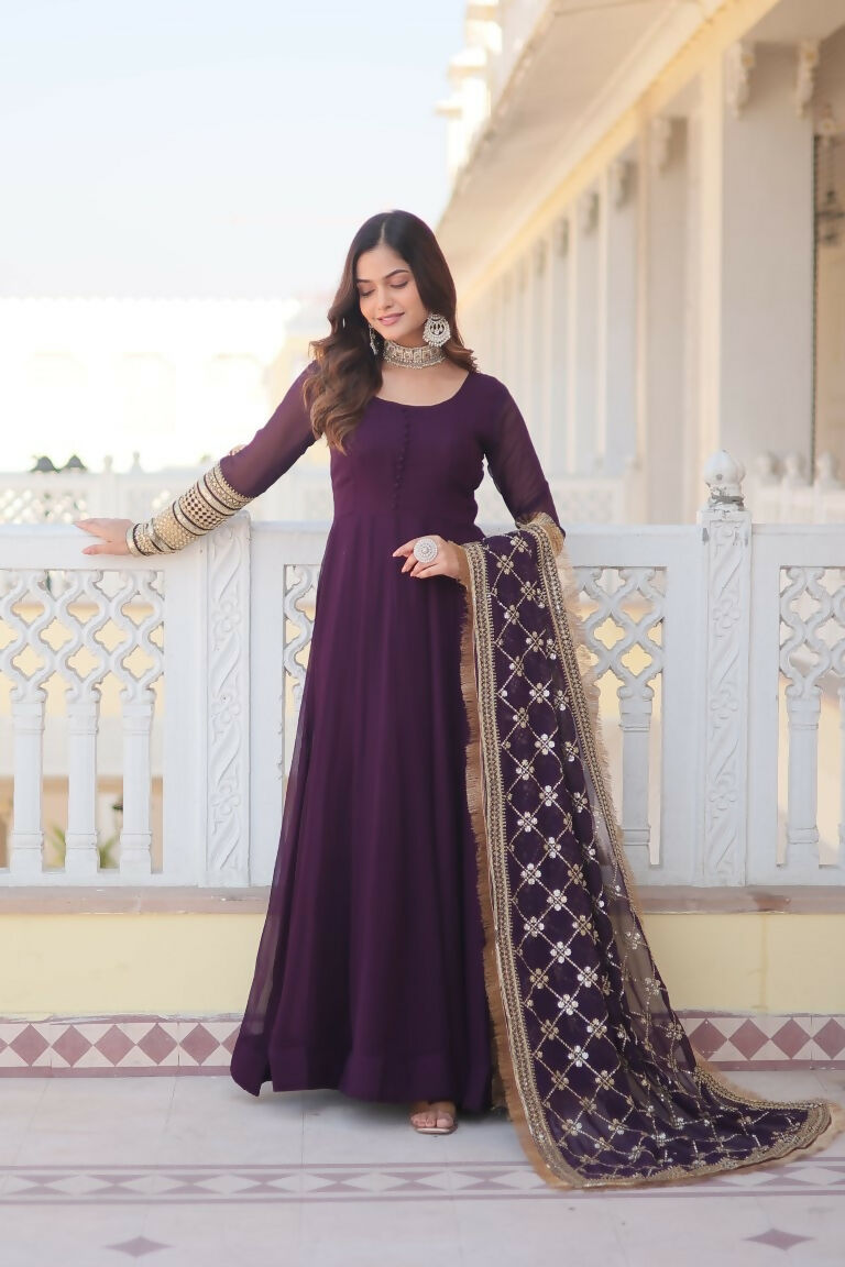 Wine Faux Blooming Anarkali Dress with Sequins Zari Embroidery