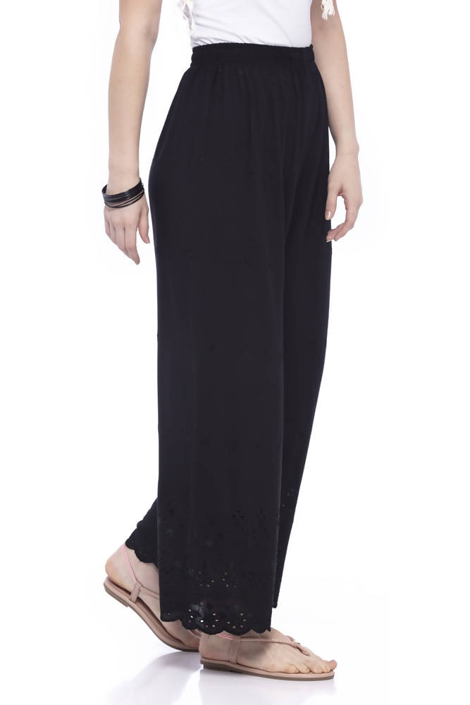 Black Rayon Cotton Chikan Embroidered Palazzo Pants