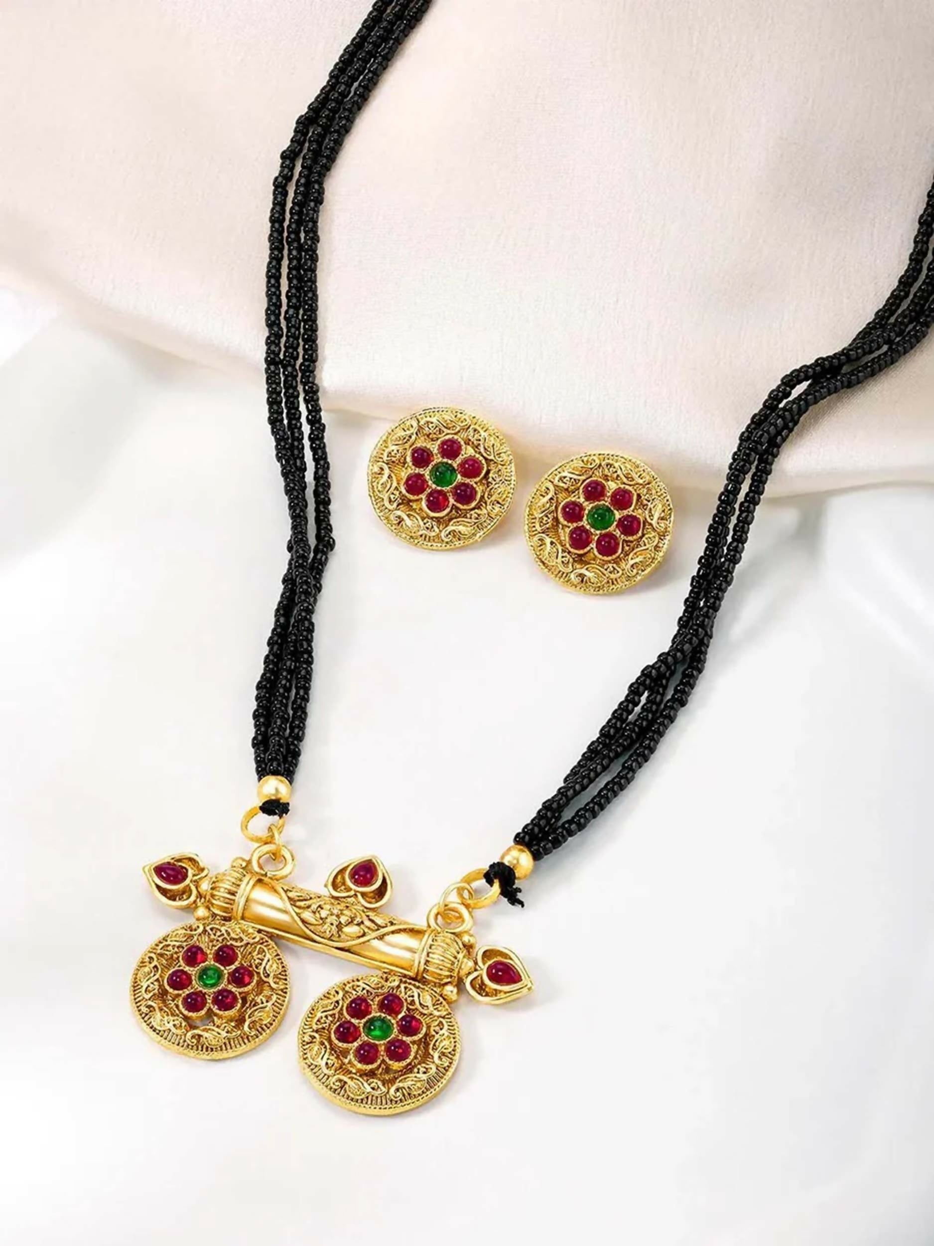 Red traditional Mangalsutra necklace with matching earrings in brass