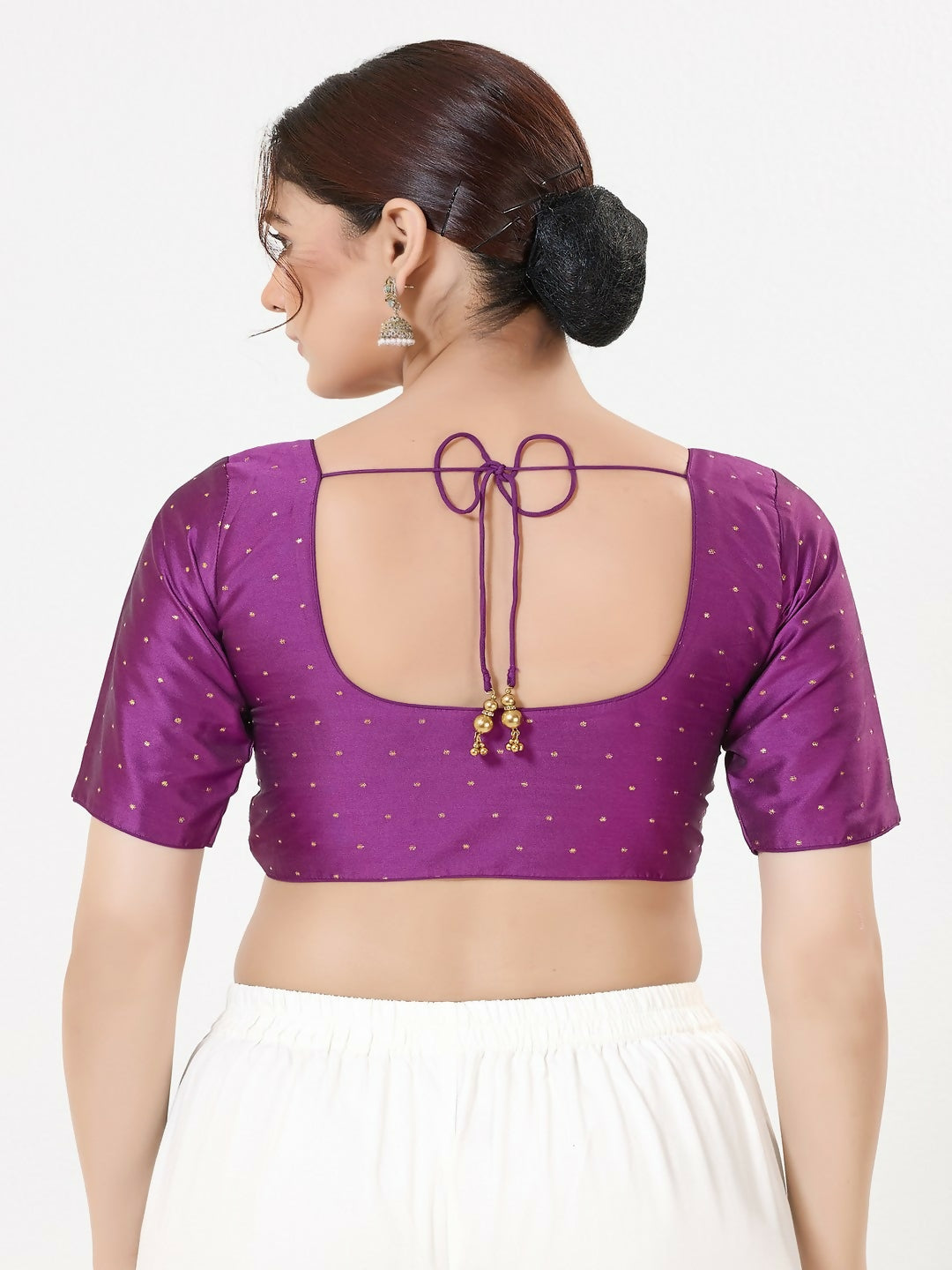 Purple Taffeta Silk Elbow-Sleeved Front Open Blouse