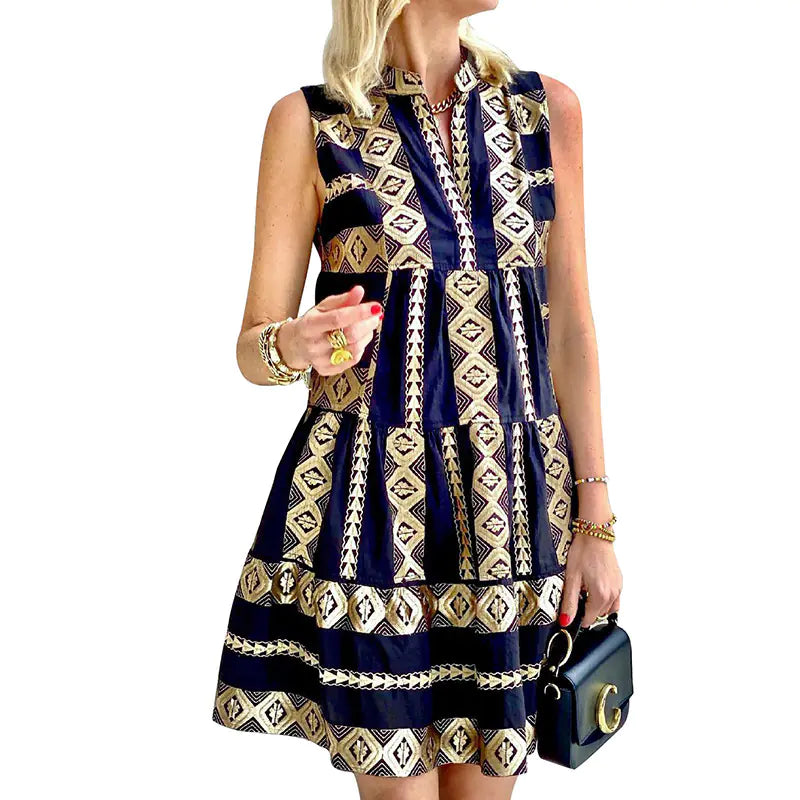 Women's Sleeveless Navy and Gold Geometric Print Mini Dress - Image 4