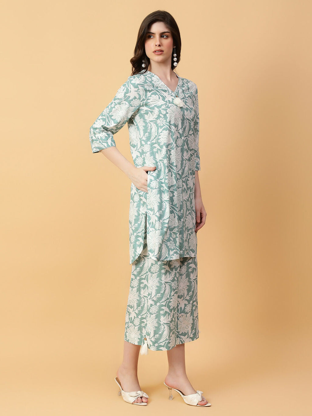 Green Printed Cotton Co-ord Set with Hand Work Detail