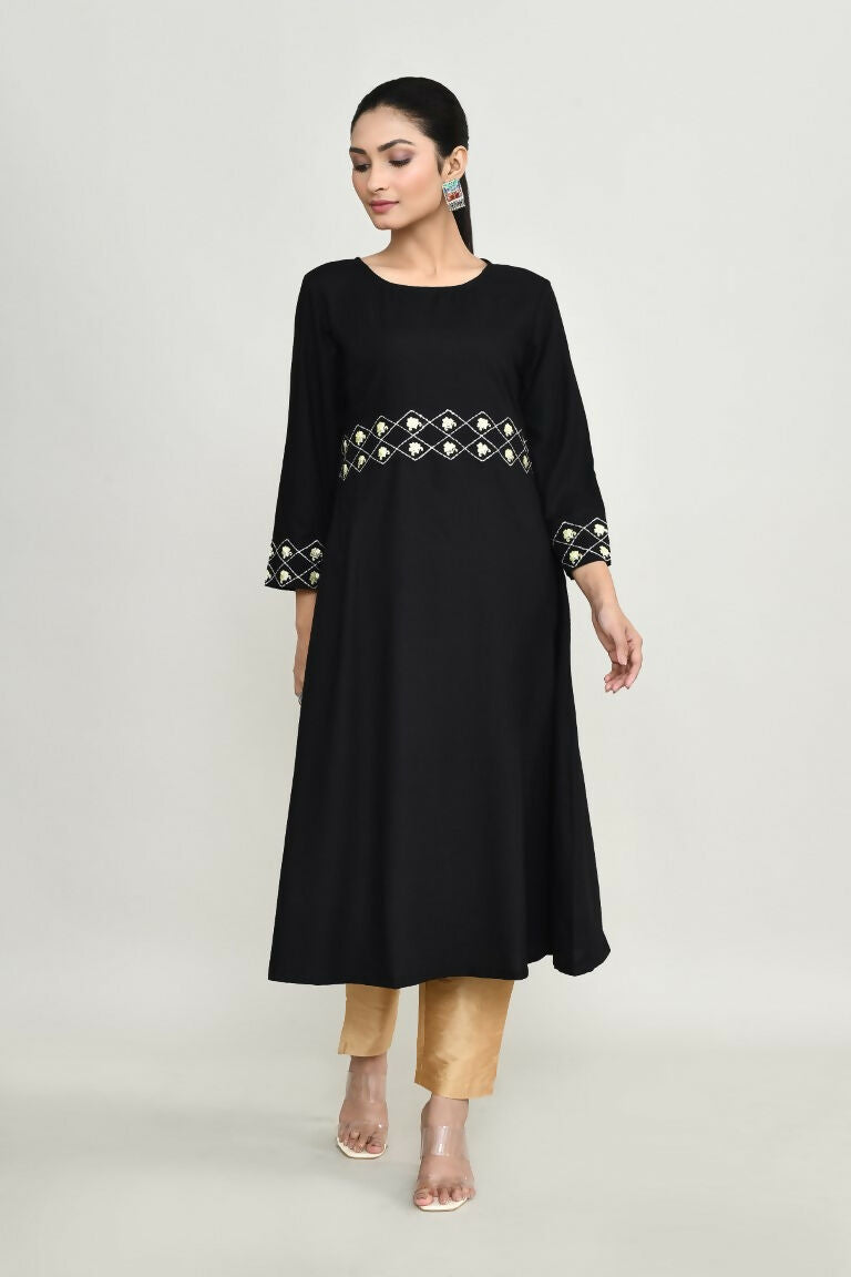 Women's Black Rayon Tunic with Intricate Embroidery