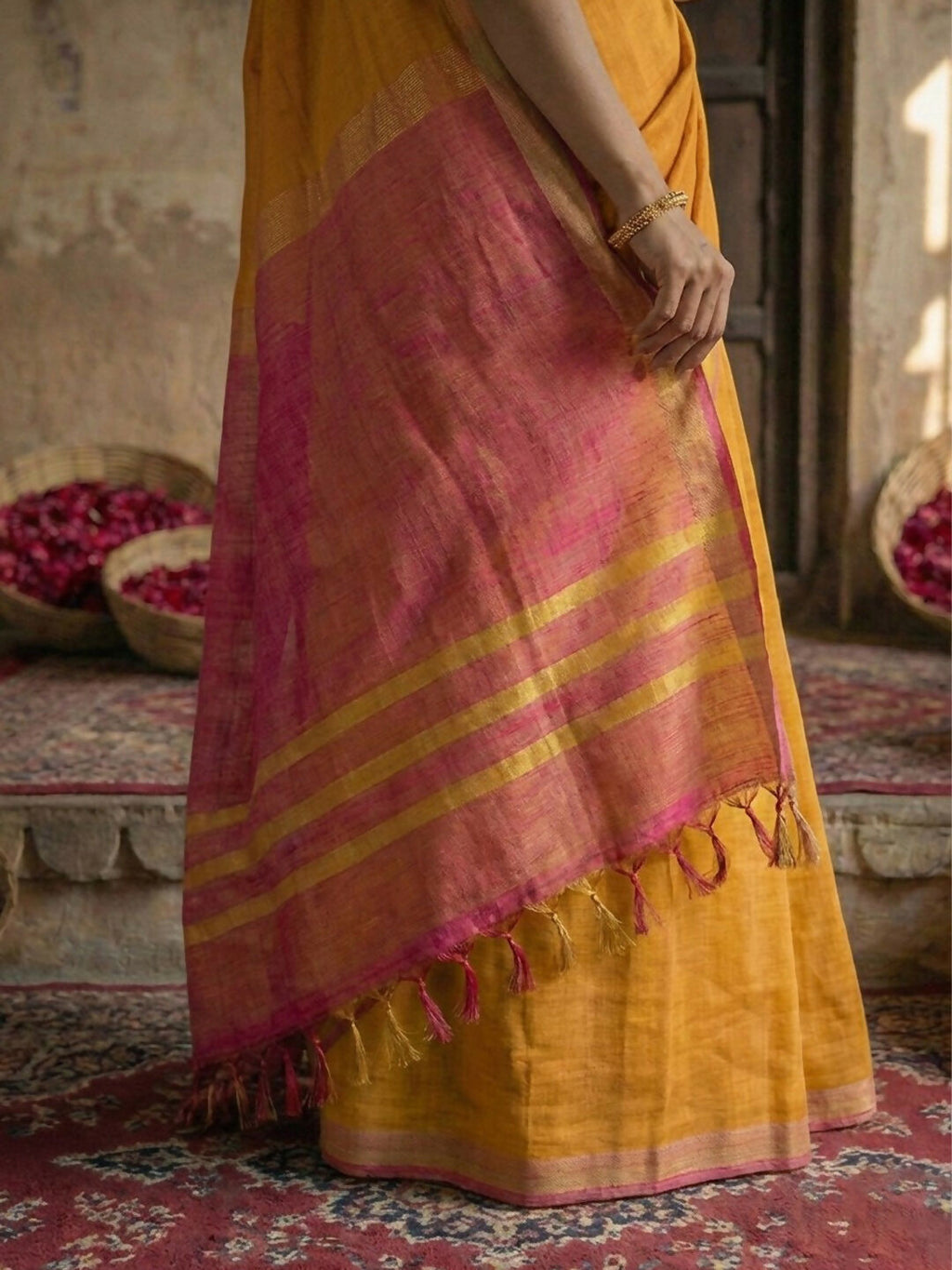 Gold Cotton Saree with Pink Blouse Traditional Ethnic Wear