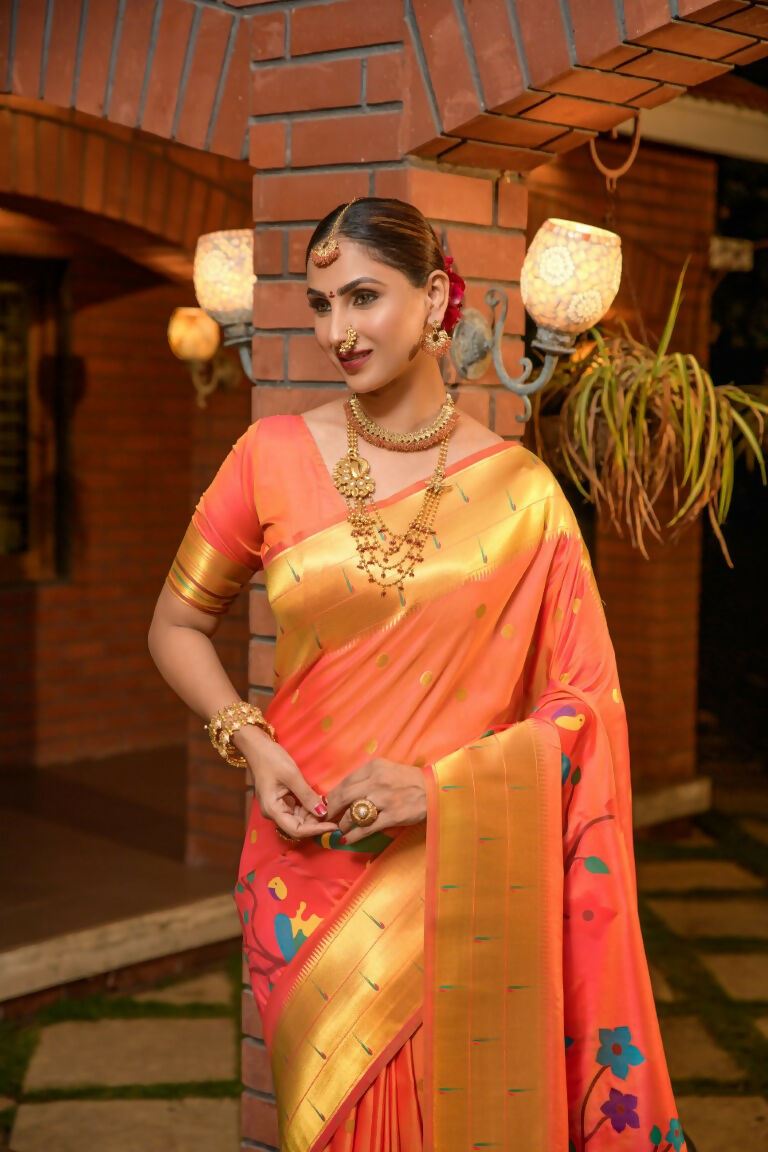 Orange Paithani Silk Zari Woven Saree with Matching Blouse
