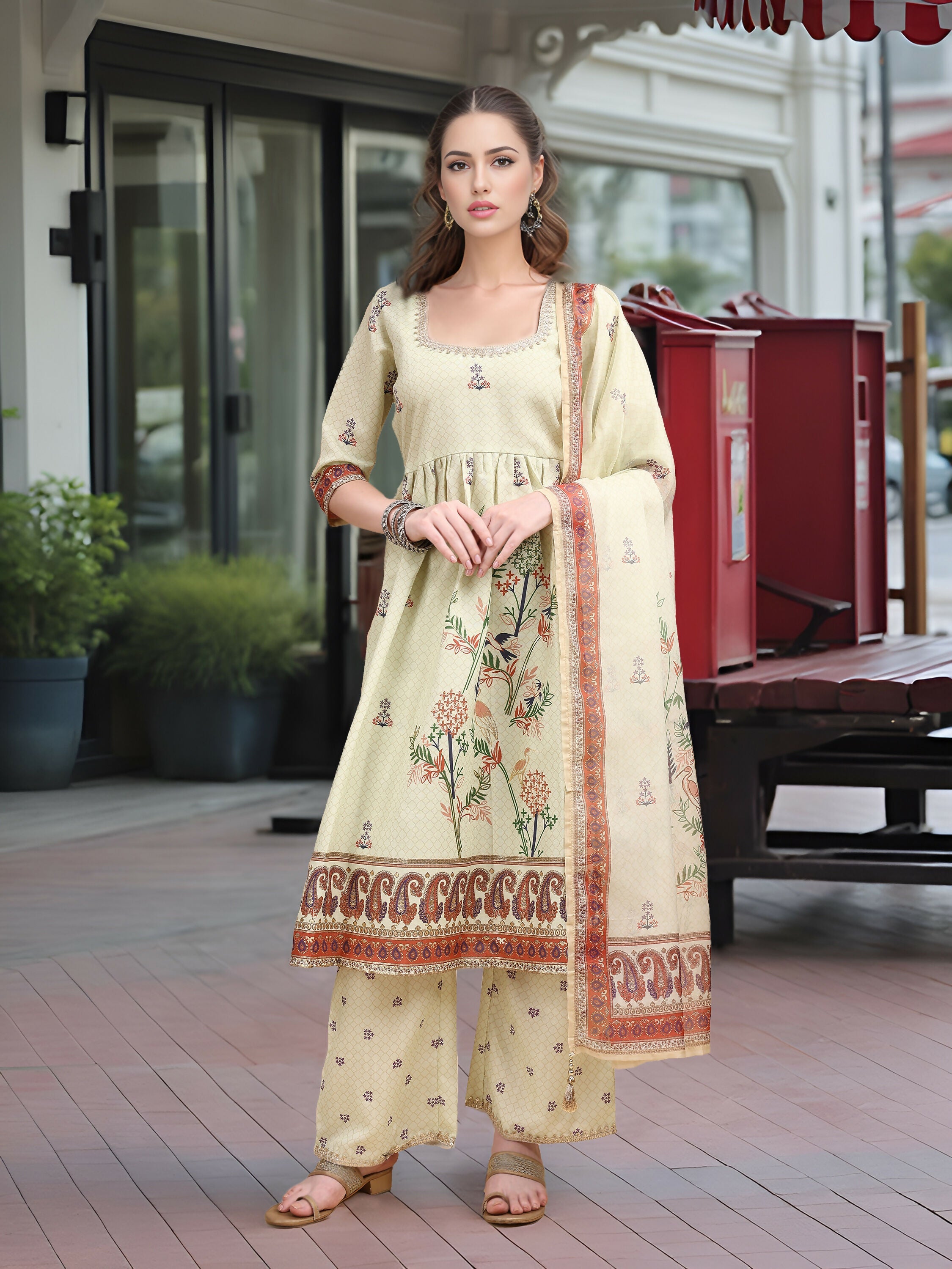A elegant 3-piece Pista linen kurta set with digital prints and subtle foil embroidery detailing.