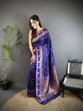 Navy Blue Banarasi soft silk saree with intricate woven details and matching blouse fabric